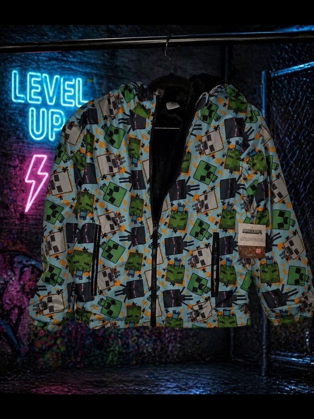Kids Puffer Jacket with Green & Blue Pixel Print